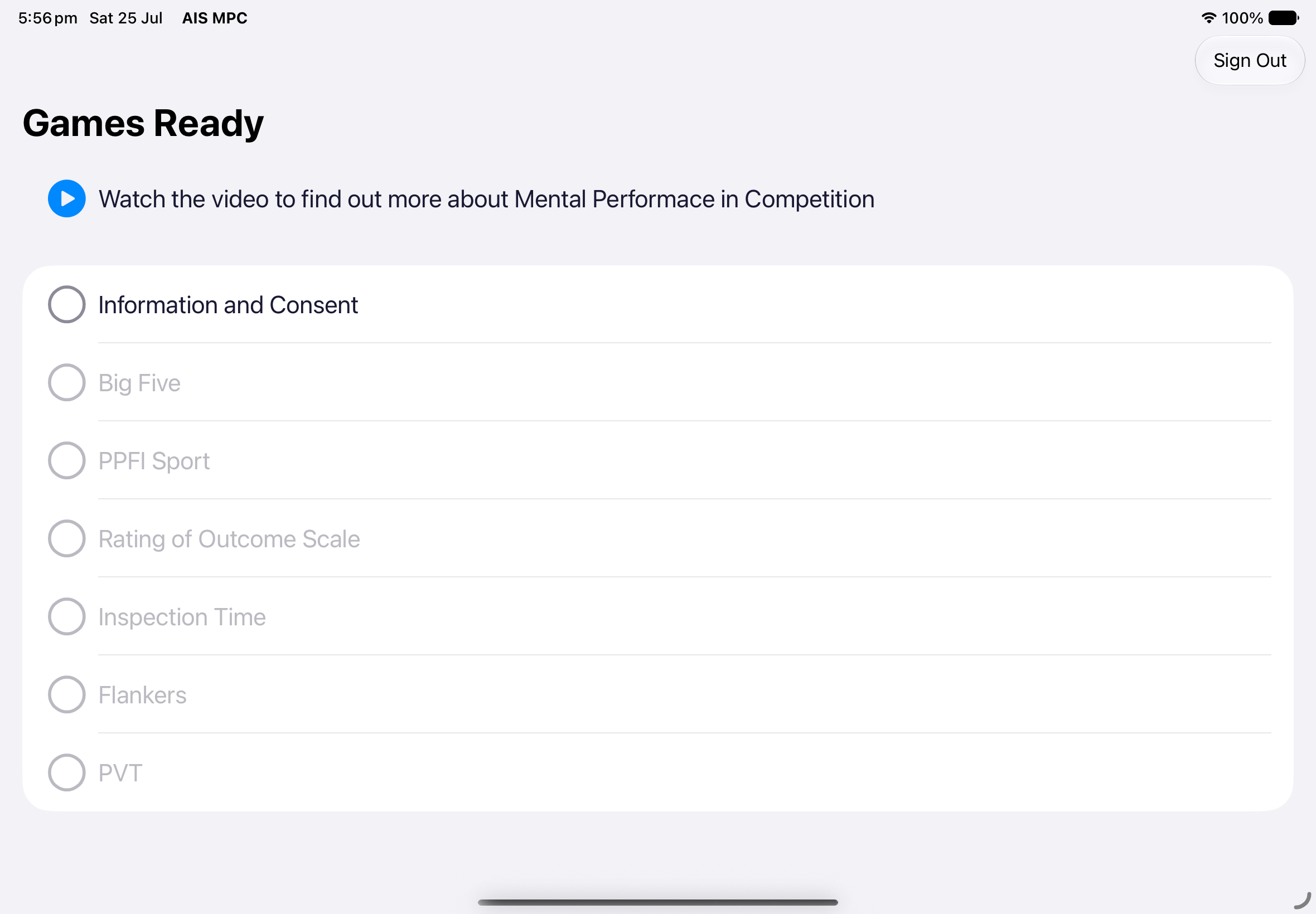 The Games Ready task list. Information and Consent sits at the top, with the six research tasks below it greyed out until consent is completed.