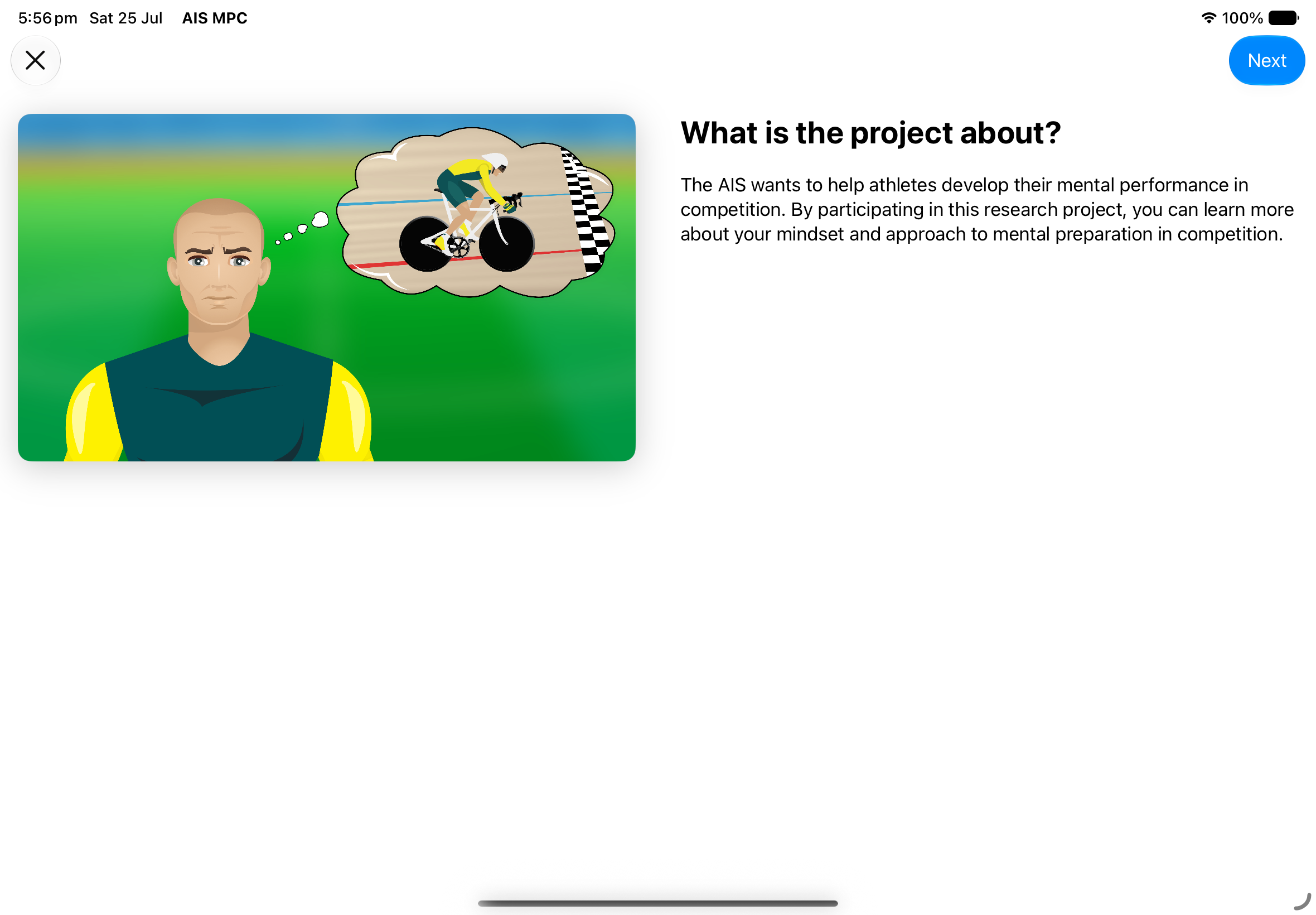 The "What is the project about?" screen, with an illustration of a cyclist picturing themselves racing towards a finish line, beside text introducing the research project.